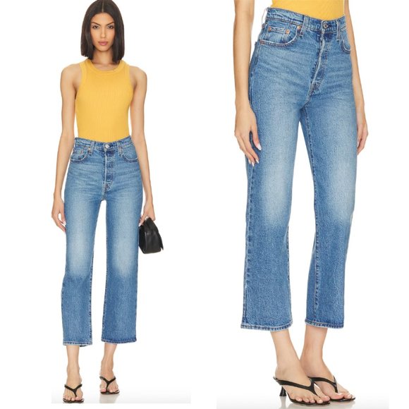 LEVI’S Ribcage Straight Ankle with raw hem in medium stonewash 28x24 - Picture 1 of 9